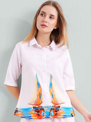 Rayon Co-ord Set – White Shirt & Pant with Colorful Sailboat Print