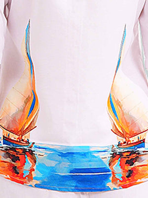Rayon Co-ord Set – White Shirt & Pant with Colorful Sailboat Print