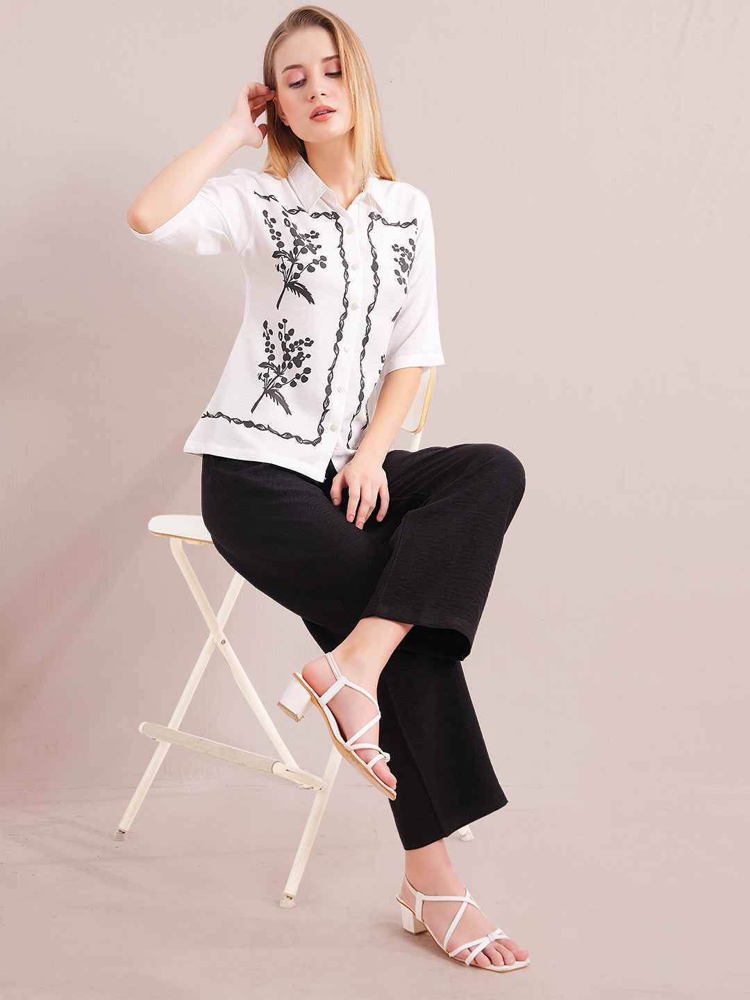 Linen Co-ord Set – White Printed Shirt with Black Straight Pants