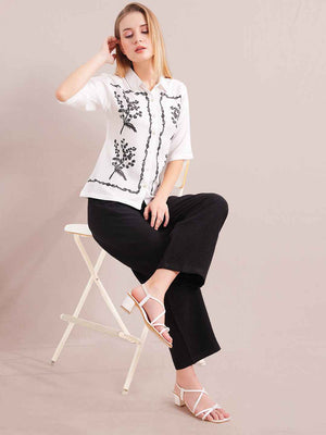 Linen Co-ord Set – White Printed Shirt with Black Straight Pants