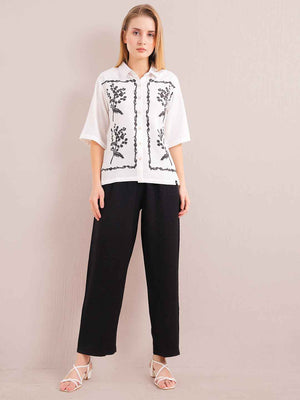 Linen Co-ord Set – White Printed Shirt with Black Straight Pants