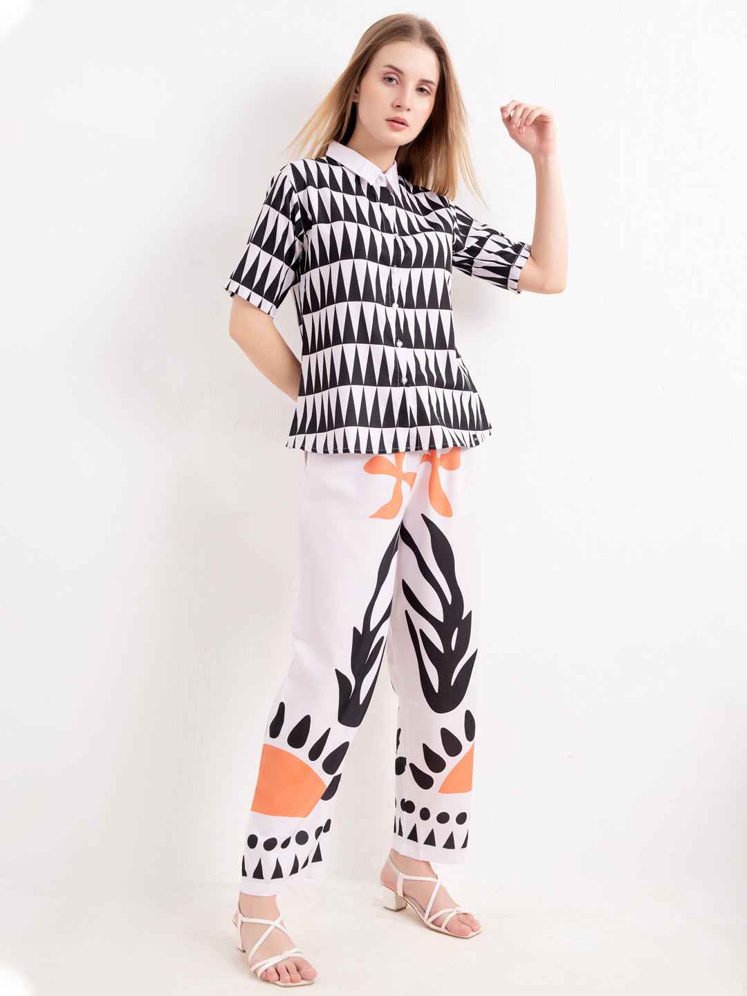 Rayon Co-ord Set – Printed Shirt with White & Orange Abstract Print Pants
