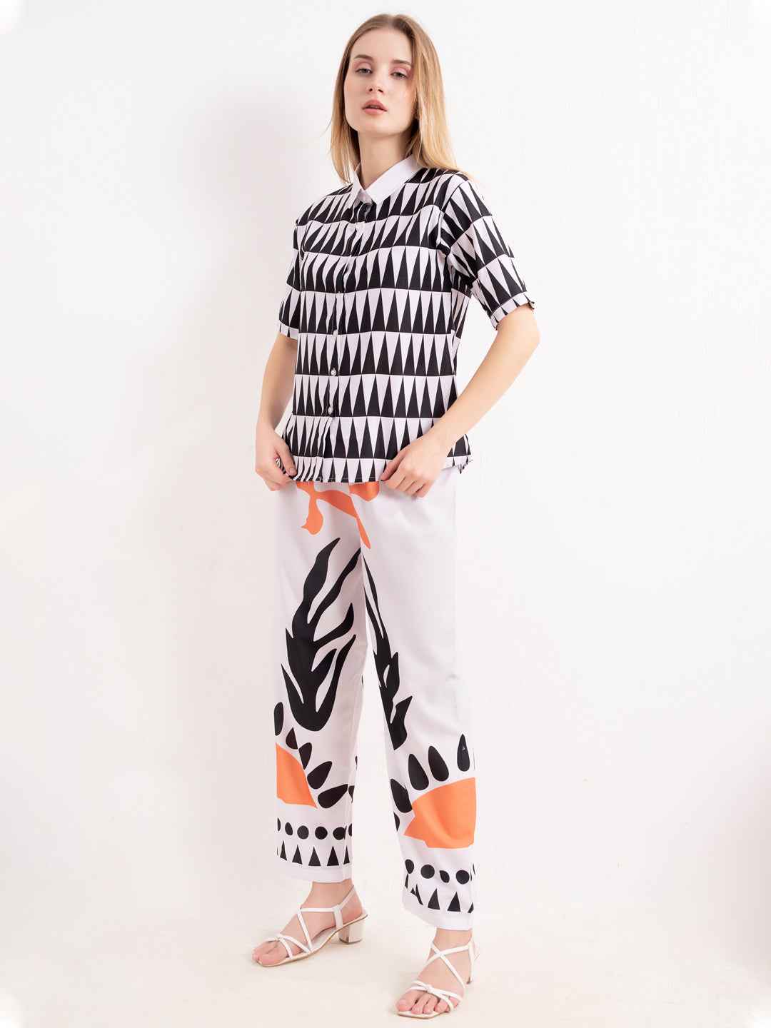 Rayon Co-ord Set – Printed Shirt with White & Orange Abstract Print Pants