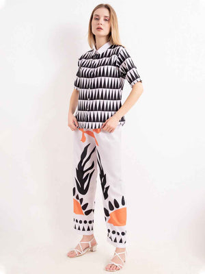 Rayon Co-ord Set – Printed Shirt with White & Orange Abstract Print Pants
