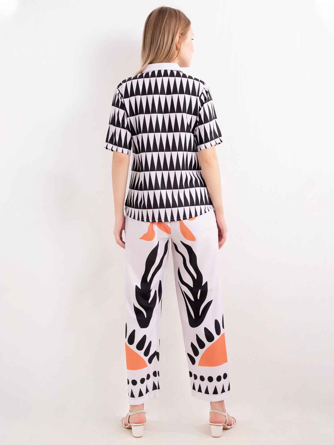 Rayon Co-ord Set – Printed Shirt with White & Orange Abstract Print Pants