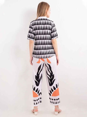 Rayon Co-ord Set – Printed Shirt with White & Orange Abstract Print Pants