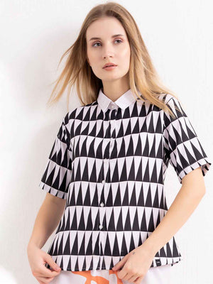 Rayon Co-ord Set – Printed Shirt with White & Orange Abstract Print Pants
