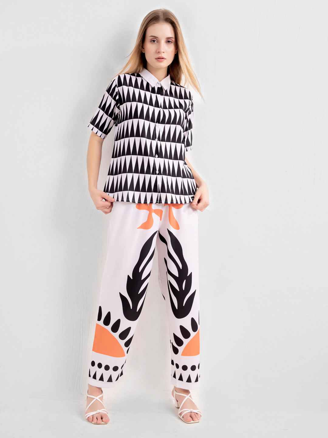 Rayon Co-ord Set – Printed Shirt with White & Orange Abstract Print Pants
