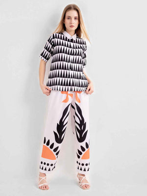 Rayon Co-ord Set – Printed Shirt with White & Orange Abstract Print Pants