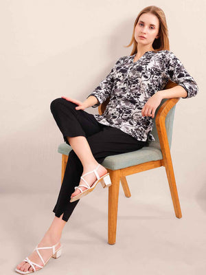 Linen Kurta Set – Black & White Floral Printed Kurta with Solid Black Pants