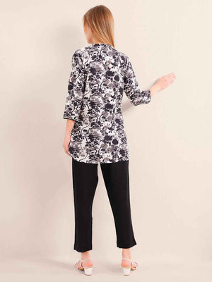 Linen Kurta Set – Black & White Floral Printed Kurta with Solid Black Pants