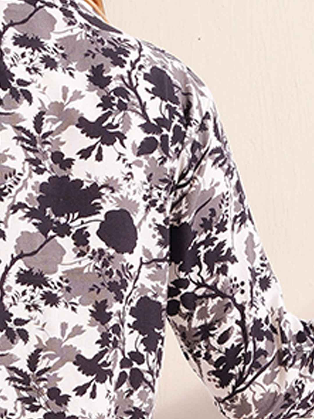 Linen Kurta Set – Black & White Floral Printed Kurta with Solid Black Pants