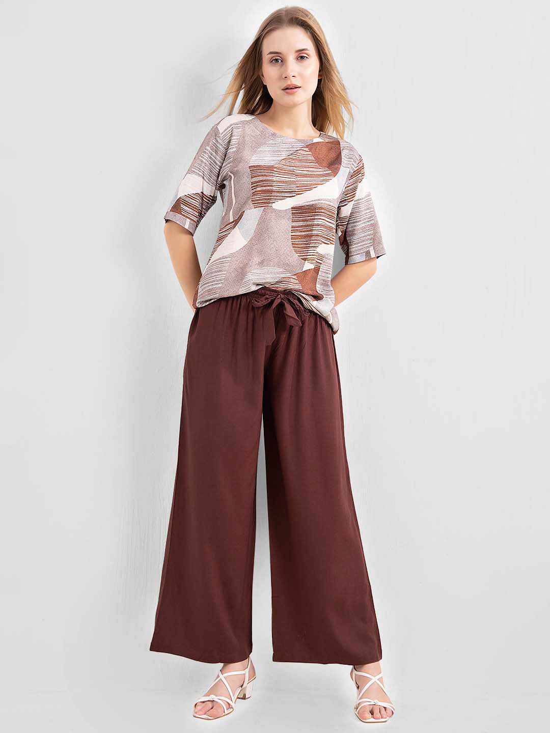 Rayon Co-ord Set - Printed Top with Solid Brown Pants