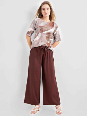 Rayon Co-ord Set - Printed Top with Solid Brown Pants