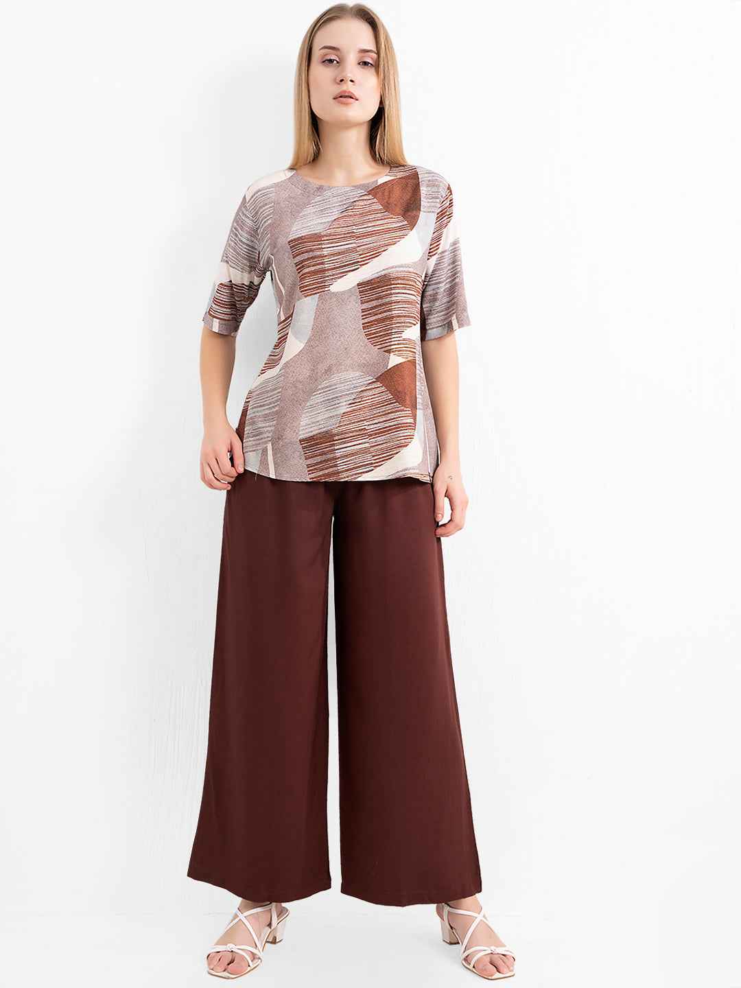 Rayon Co-ord Set - Printed Top with Solid Brown Pants