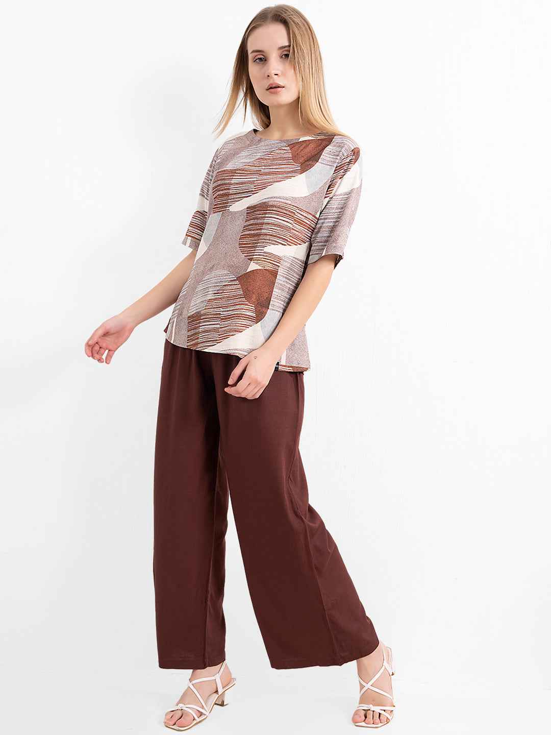Rayon Co-ord Set - Printed Top with Solid Brown Pants