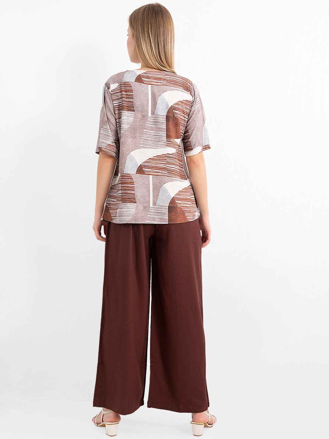 Rayon Co-ord Set - Printed Top with Solid Brown Pants