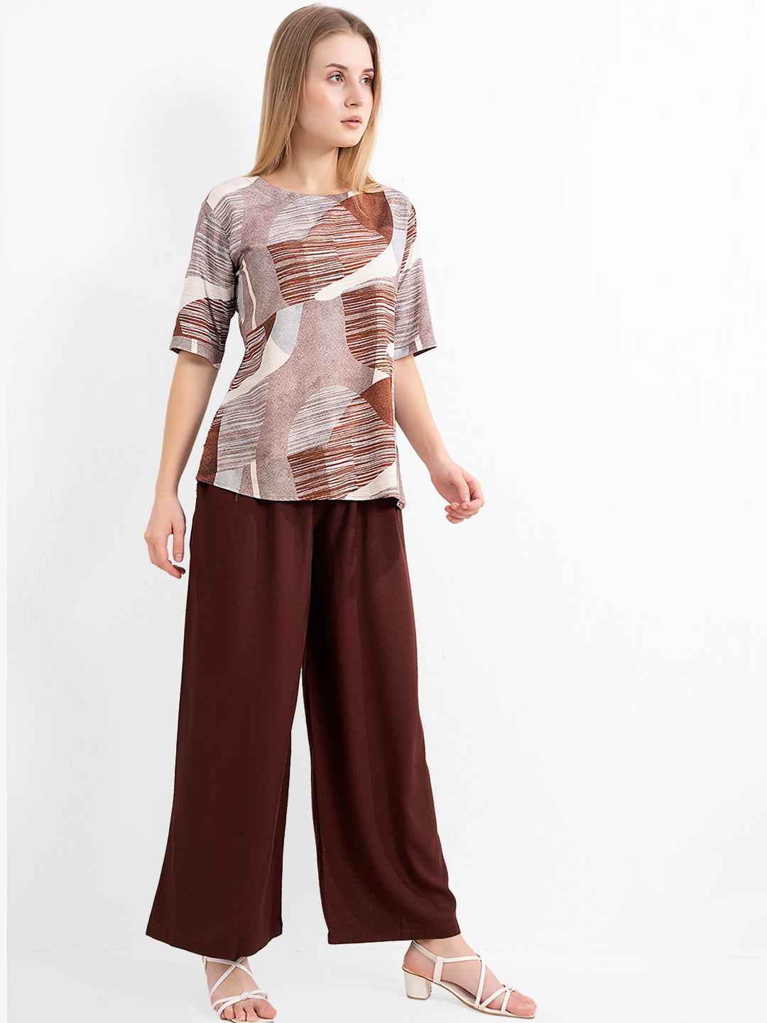 Rayon Co-ord Set - Printed Top with Solid Brown Pants