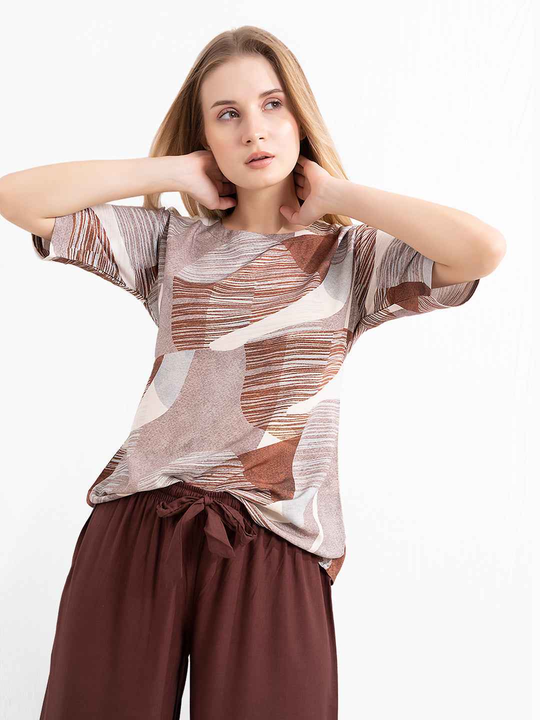 Rayon Co-ord Set - Printed Top with Solid Brown Pants