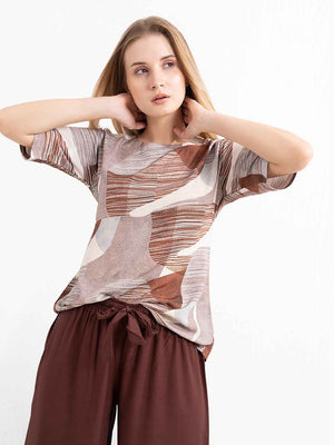 Rayon Co-ord Set - Printed Top with Solid Brown Pants