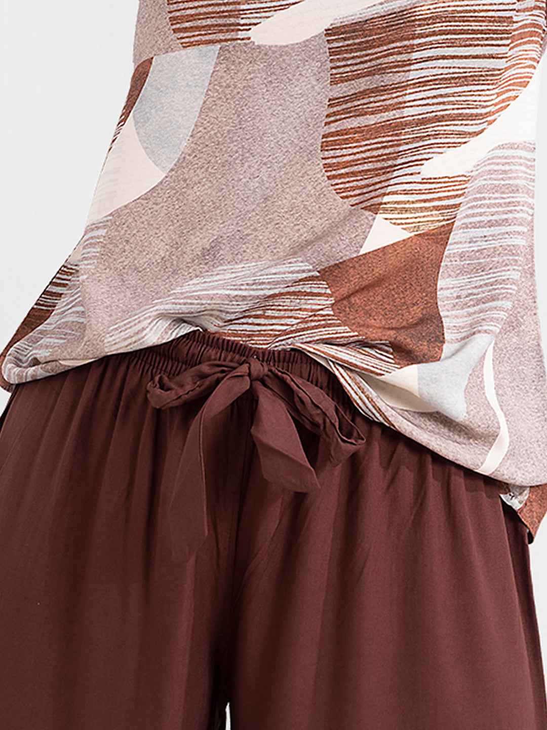 Rayon Co-ord Set - Printed Top with Solid Brown Pants