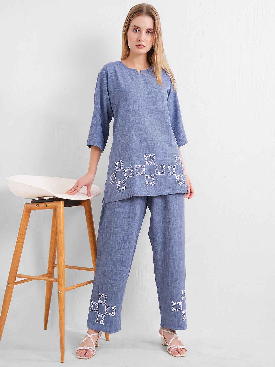 Linen Kurta Set – Blue Straight Kurta with Geometric Embroidery & Matching Pants