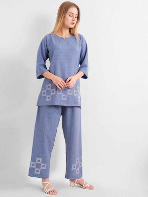 Linen Kurta Set – Blue Straight Kurta with Geometric Embroidery & Matching Pants
