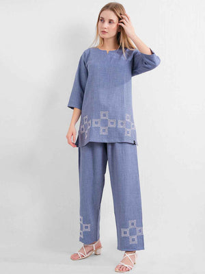 Linen Kurta Set – Blue Straight Kurta with Geometric Embroidery & Matching Pants