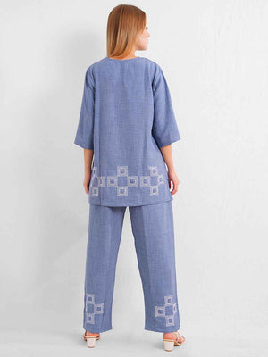 Linen Kurta Set – Blue Straight Kurta with Geometric Embroidery & Matching Pants