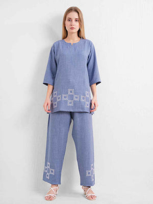 Linen Kurta Set – Blue Straight Kurta with Geometric Embroidery & Matching Pants