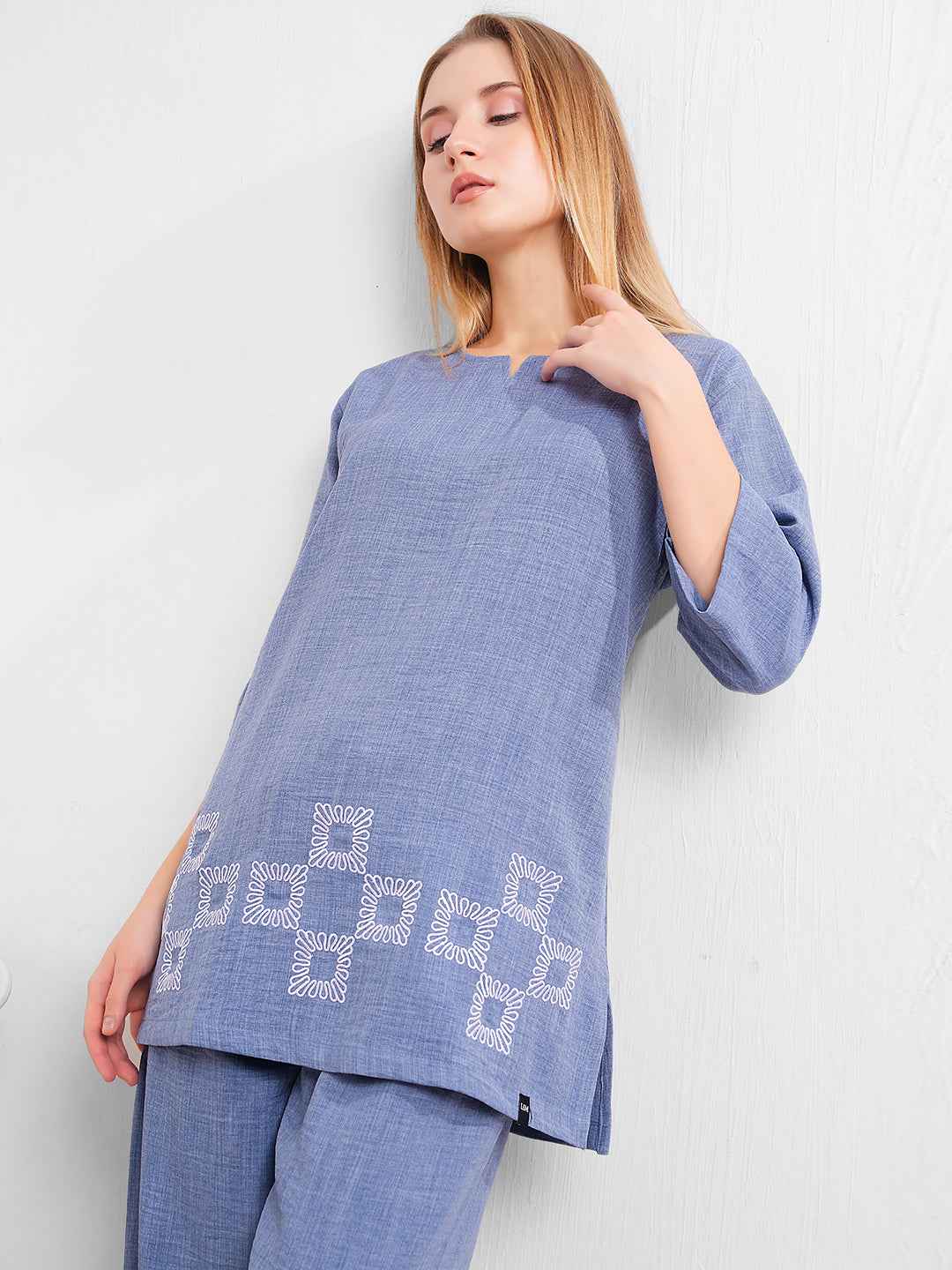 Linen Kurta Set – Blue Straight Kurta with Geometric Embroidery & Matching Pants