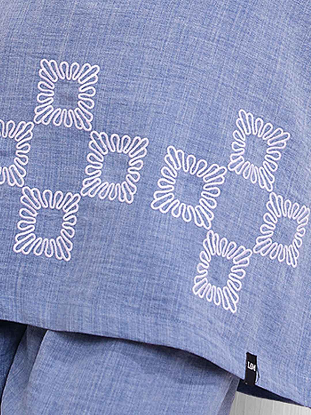 Linen Kurta Set – Blue Straight Kurta with Geometric Embroidery & Matching Pants