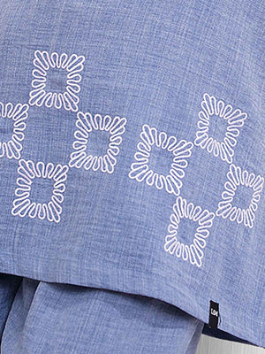Linen Kurta Set – Blue Straight Kurta with Geometric Embroidery & Matching Pants