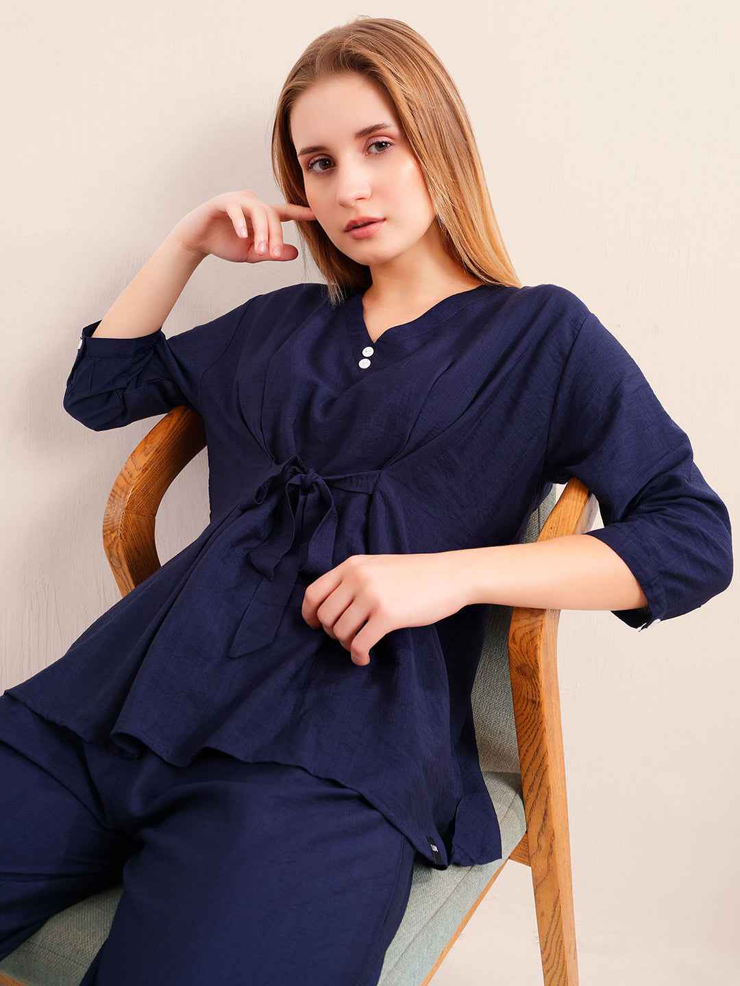 Co-ord Set – Elegant Black V-Neck Top with Waist Tie & Straight Pants