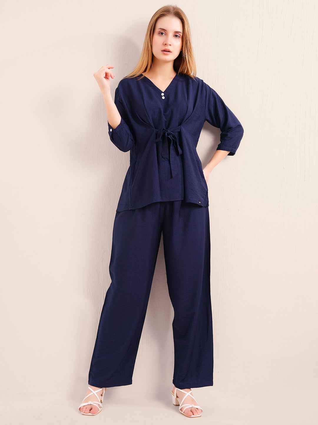 Co-ord Set – Elegant Black V-Neck Top with Waist Tie & Straight Pants