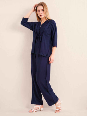 Co-ord Set – Elegant Black V-Neck Top with Waist Tie & Straight Pants