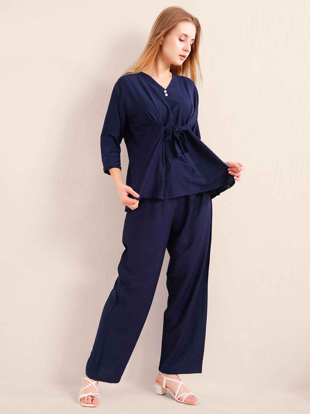 Co-ord Set – Elegant Black V-Neck Top with Waist Tie & Straight Pants