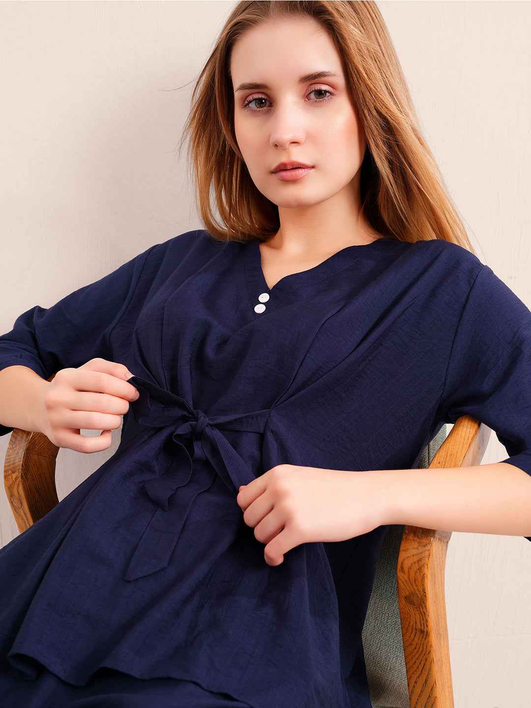 Co-ord Set – Elegant Black V-Neck Top with Waist Tie & Straight Pants
