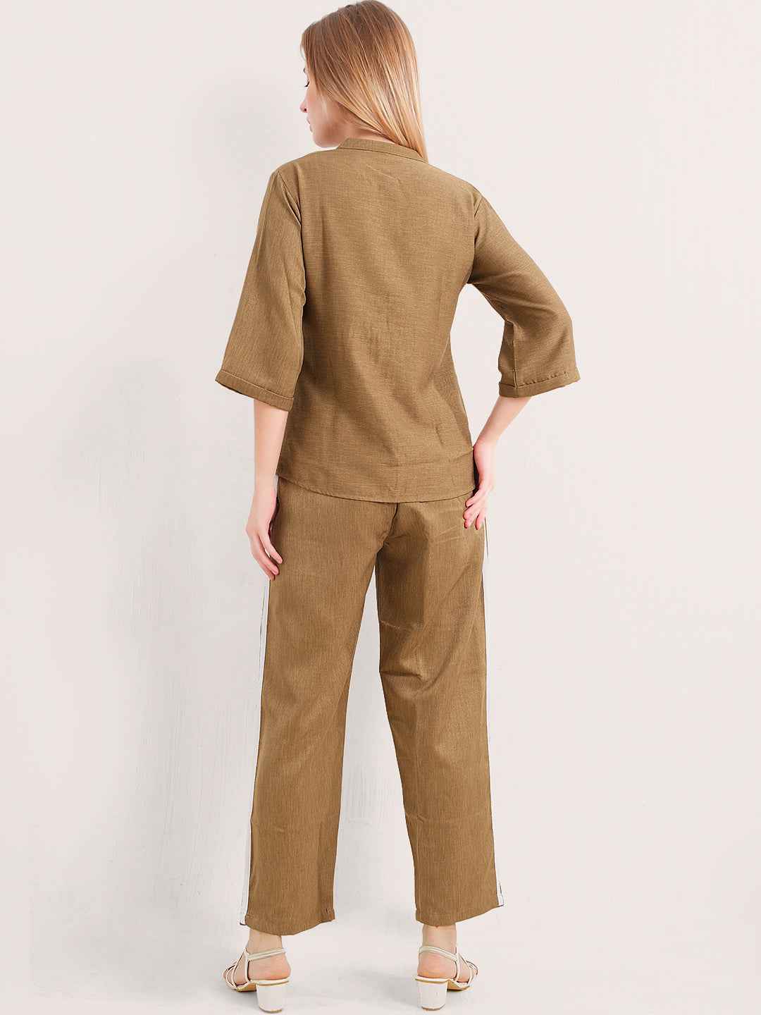 Linen Co-ord Set – Embroidered Top & Relaxed Pants with Side Piping
