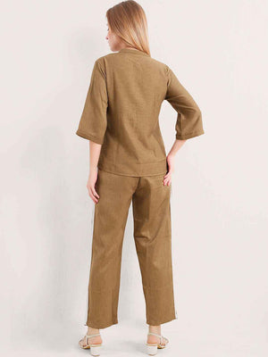 Linen Co-ord Set – Embroidered Top & Relaxed Pants with Side Piping