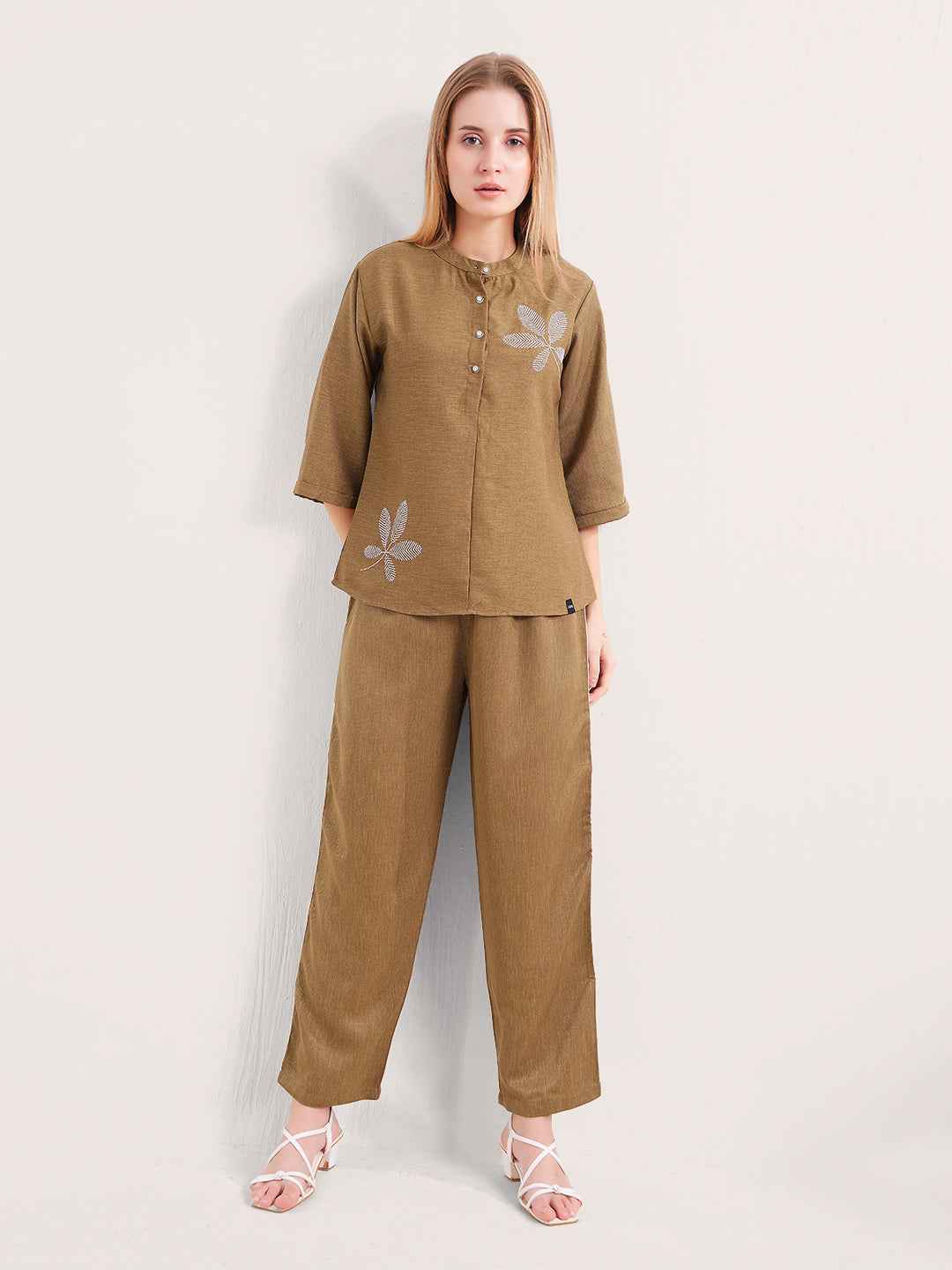 Linen Co-ord Set – Embroidered Top & Relaxed Pants with Side Piping