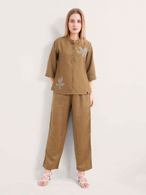 Linen Co-ord Set – Embroidered Top & Relaxed Pants with Side Piping