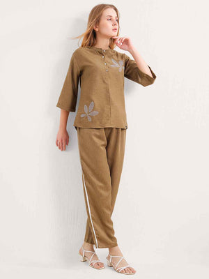 Linen Co-ord Set – Embroidered Top & Relaxed Pants with Side Piping