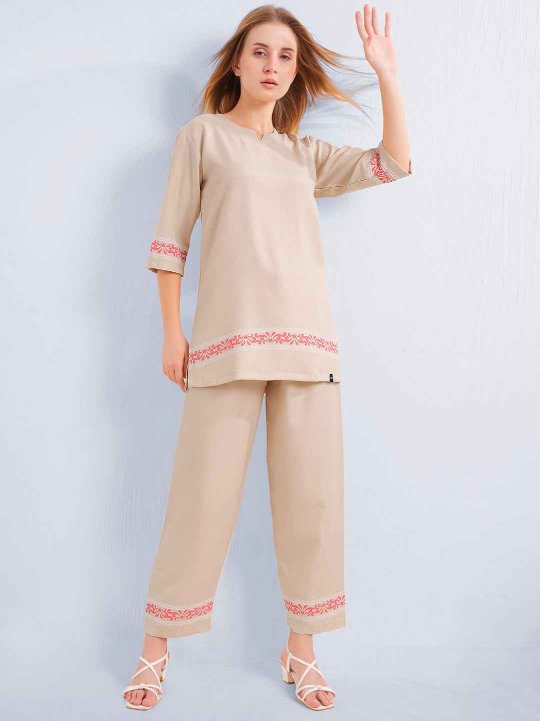 Co-ord Set – Beige V-Neck Top with Subtle Embroidered Borders & Matching Pants