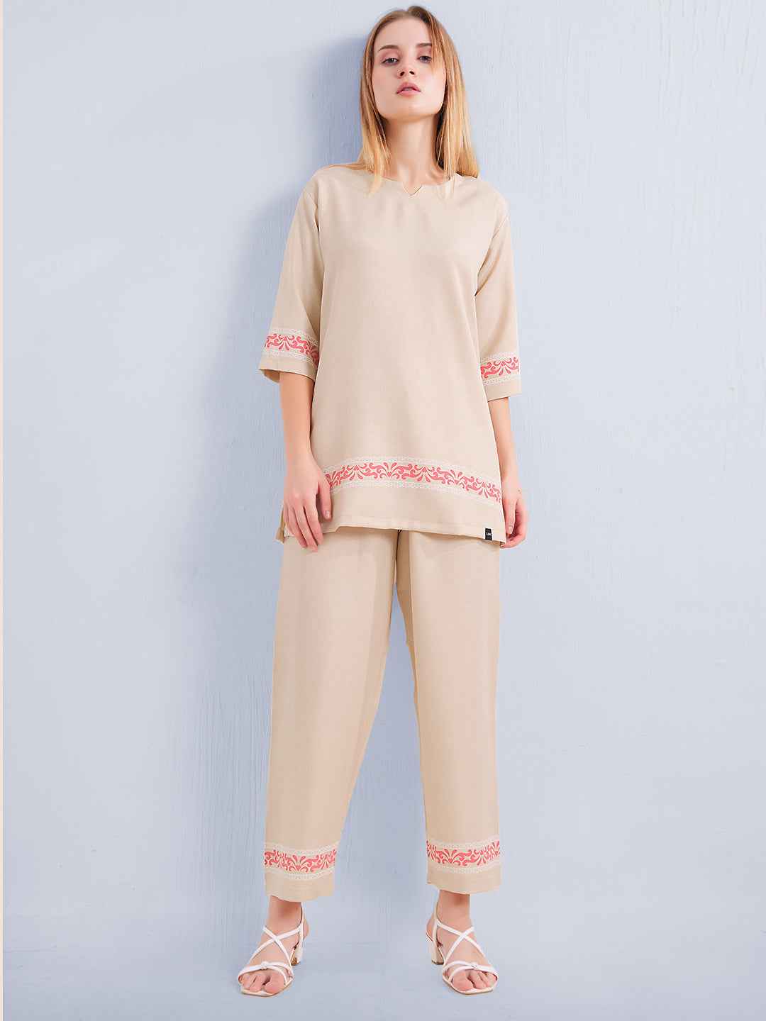 Co-ord Set – Beige V-Neck Top with Subtle Embroidered Borders & Matching Pants