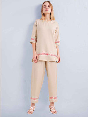 Co-ord Set – Beige V-Neck Top with Subtle Embroidered Borders & Matching Pants