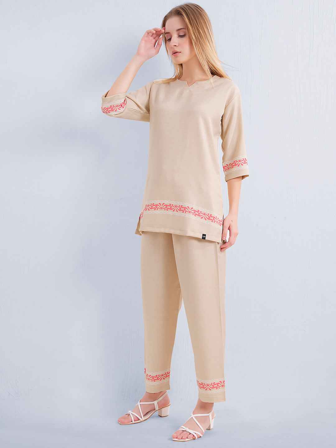 Co-ord Set – Beige V-Neck Top with Subtle Embroidered Borders & Matching Pants