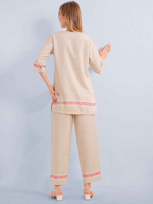 Co-ord Set – Beige V-Neck Top with Subtle Embroidered Borders & Matching Pants