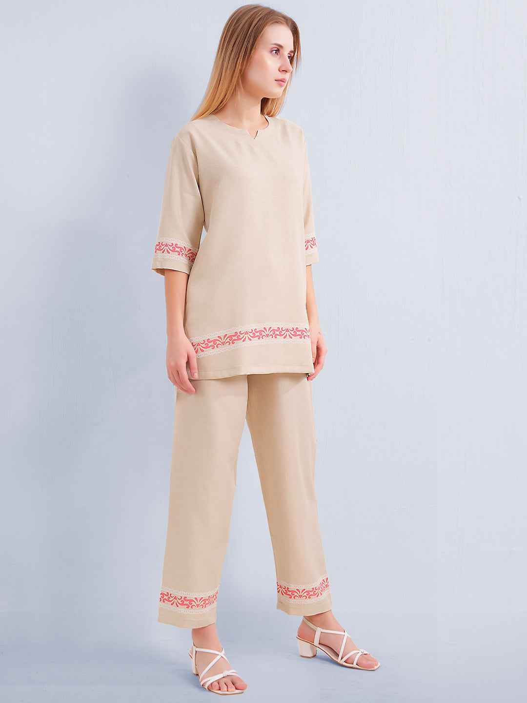 Co-ord Set – Beige V-Neck Top with Subtle Embroidered Borders & Matching Pants