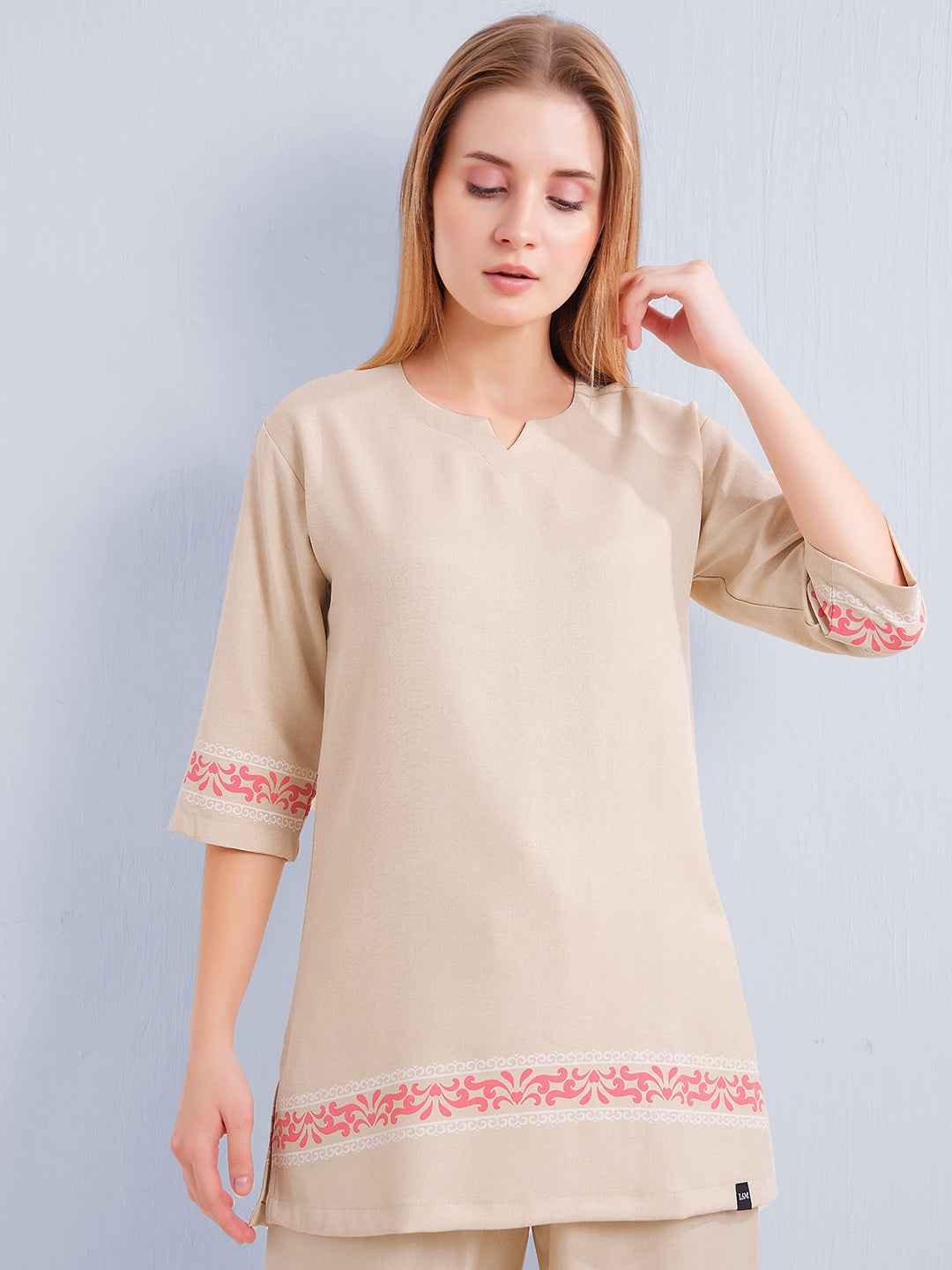Co-ord Set – Beige V-Neck Top with Subtle Embroidered Borders & Matching Pants